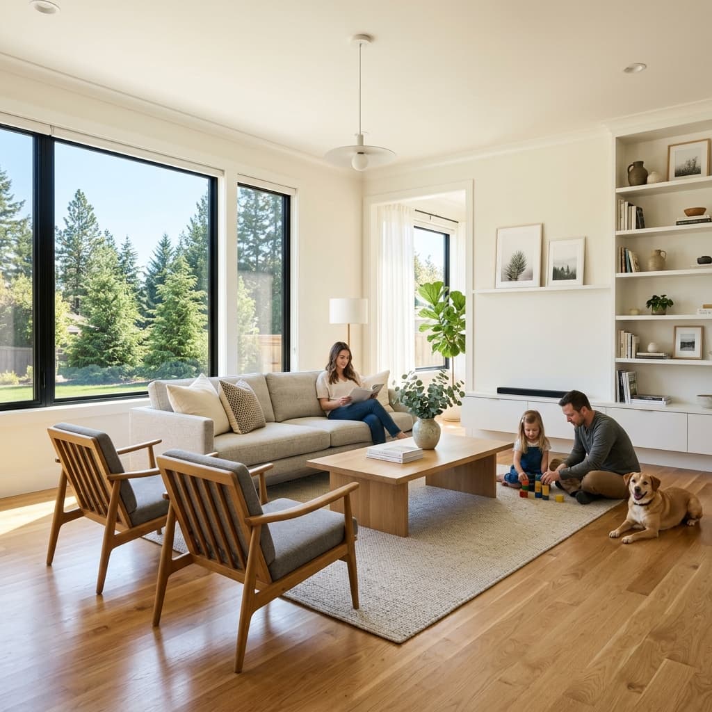 Spotless, sunlit family living room in Spokane cleaned by professionals