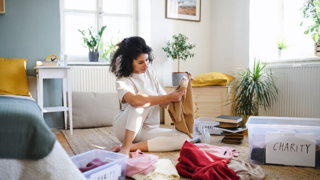 Woman going through clothes to donate